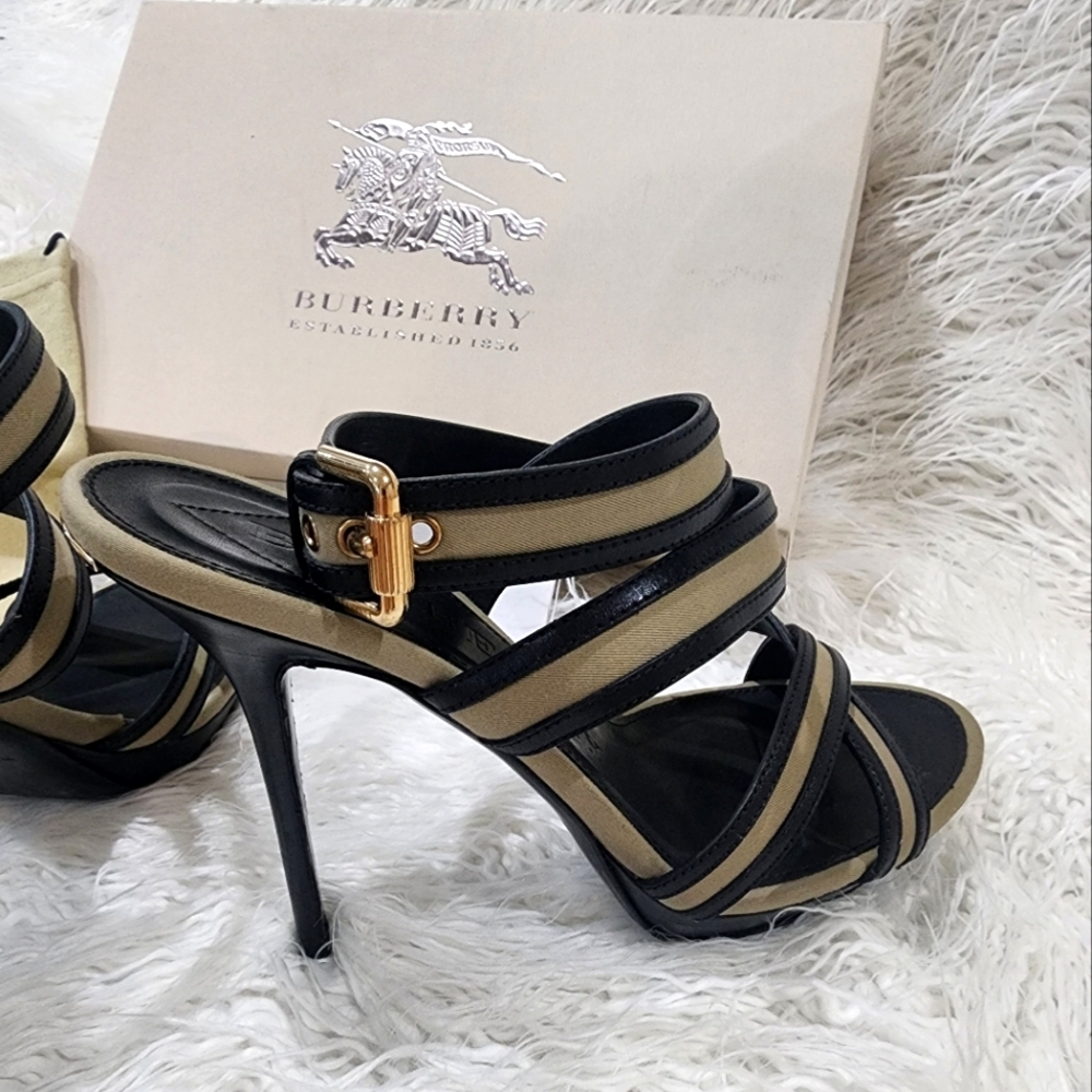 Burberry Dalston Canvas & Black Leather Platform Sandals, EUR 39.5
